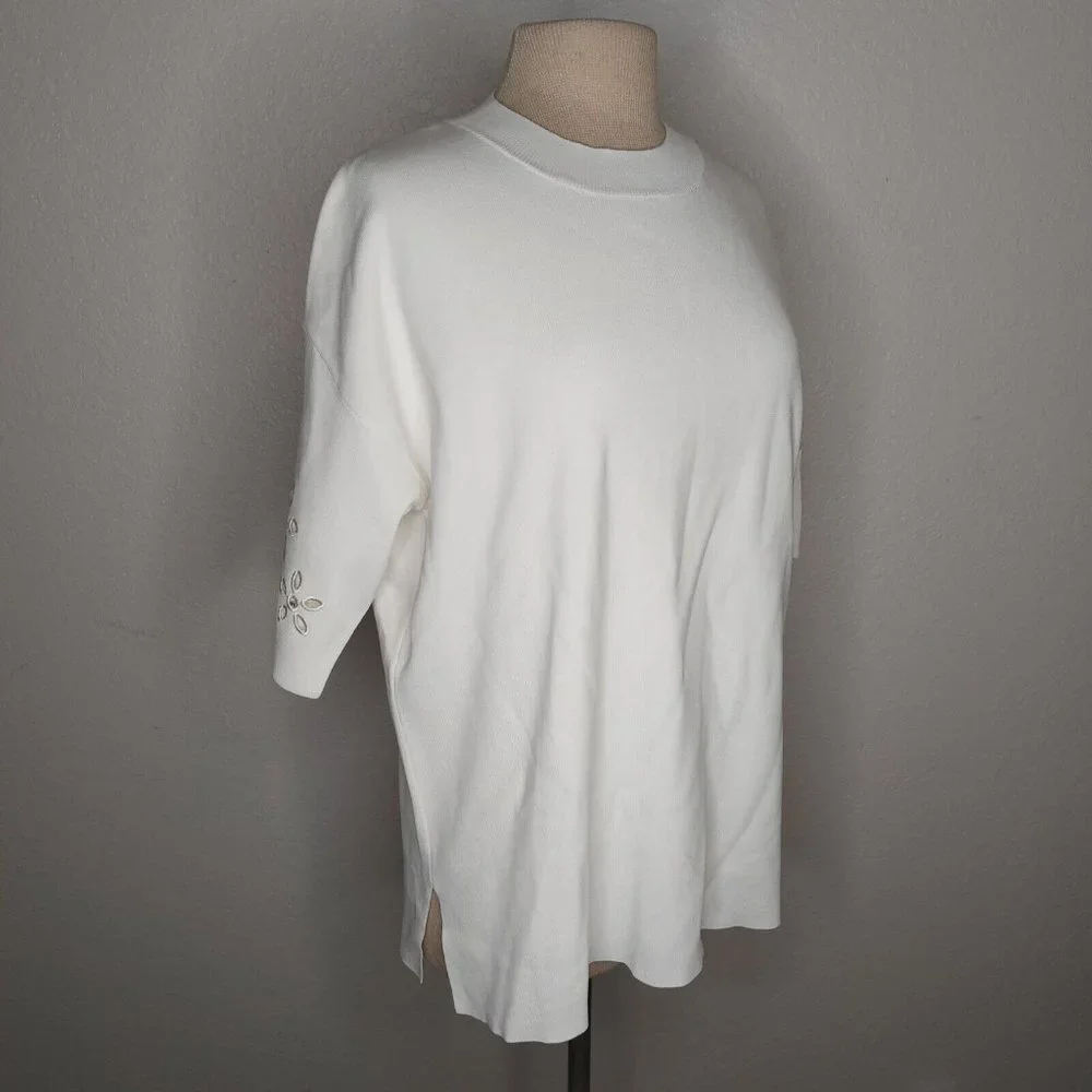 Zara Womens Top Medium Ribbed Short Sleeve Embroidered Flower Sleeves Ivory - Picture 9 of 16